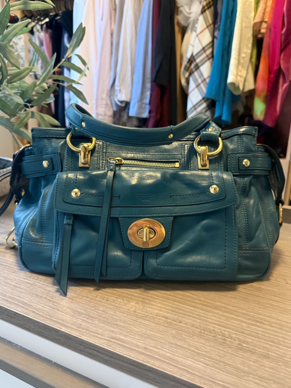 Coach Lindsey Satchel Bag in Teal Leather